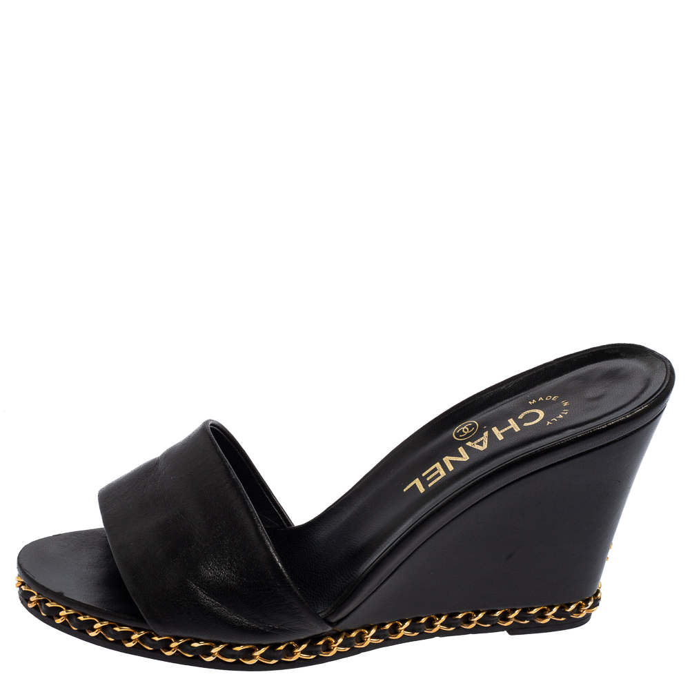 

Chanel Black Leather Chain Wedge Sandals Size