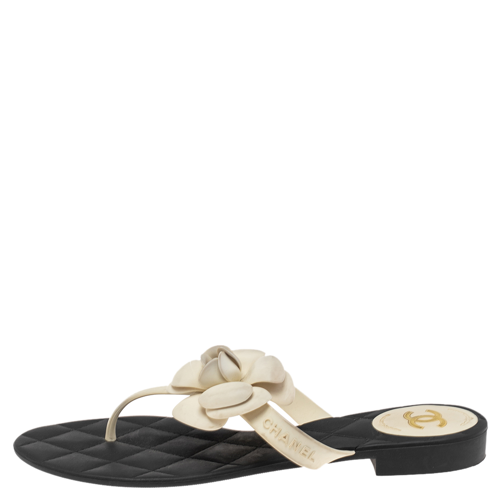 

Chanel Black-White Jelly Camellia Thong Sandals Size