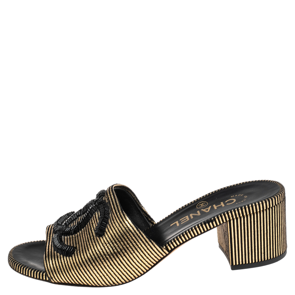 

Chanel Gold/Black Suede CC Logo Slide Sandals Size, Metallic