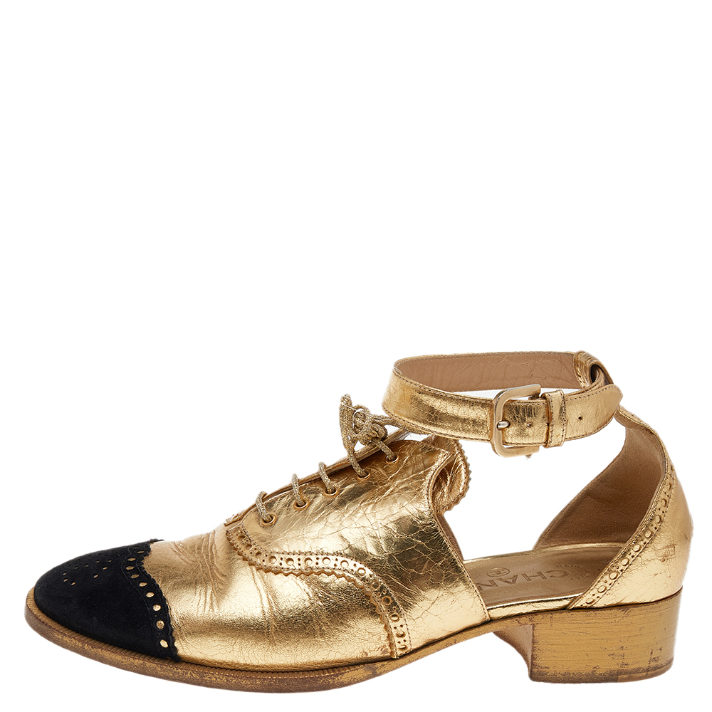 

Chanel Gold/Black Suede And Leather CC Ankle Strap Lace-Up Sandals Size