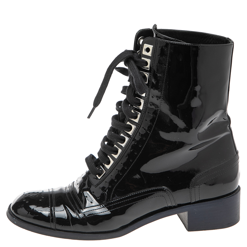 

Chanel Black Patent Leather CC Lace Up Ankle Boots Size