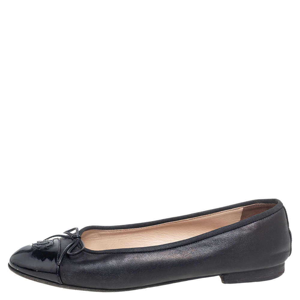 

Chanel Black Leather CC Cap Toe Bow Ballet Flats Size