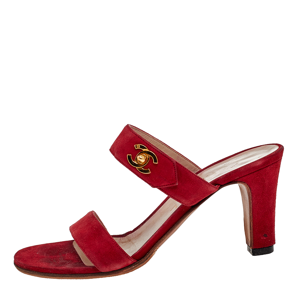 

Chanel Red Suede CC Slide Sandals Size