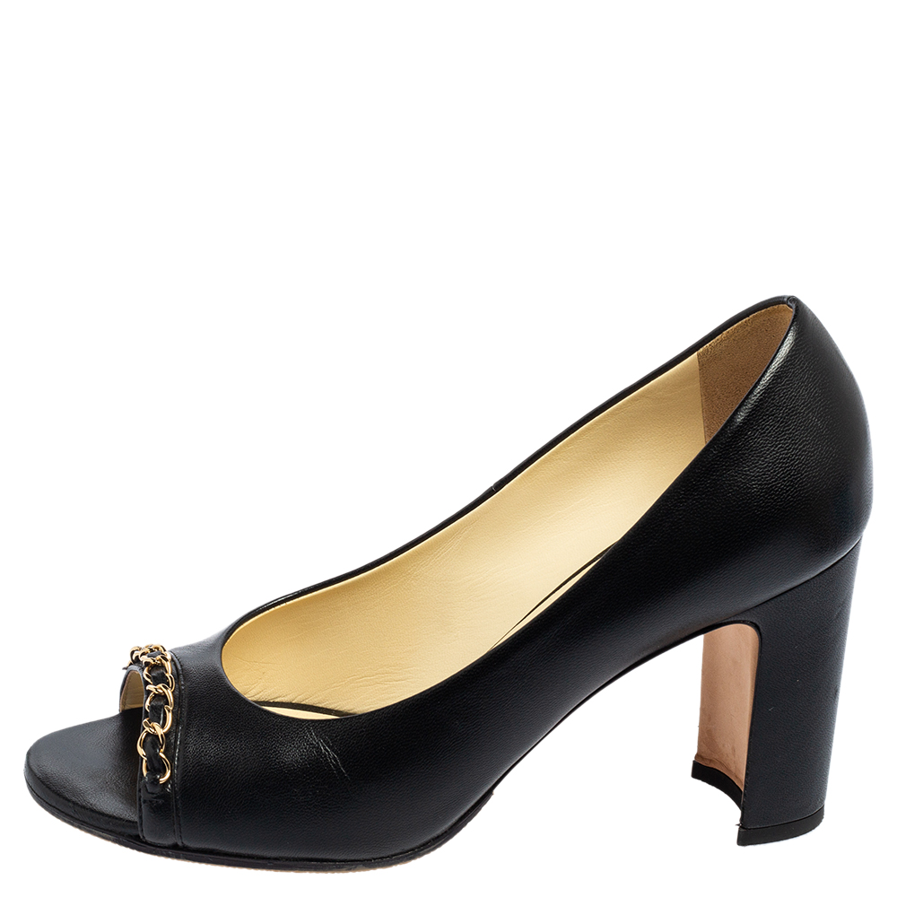 

Chanel Black Leather Chain Trim Peep Toe Pumps Size