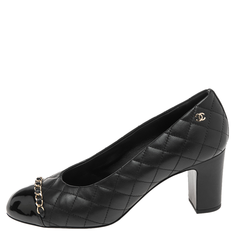 

Chanel Black Patent And Leather Cap Toe Block Heel Pumps Size
