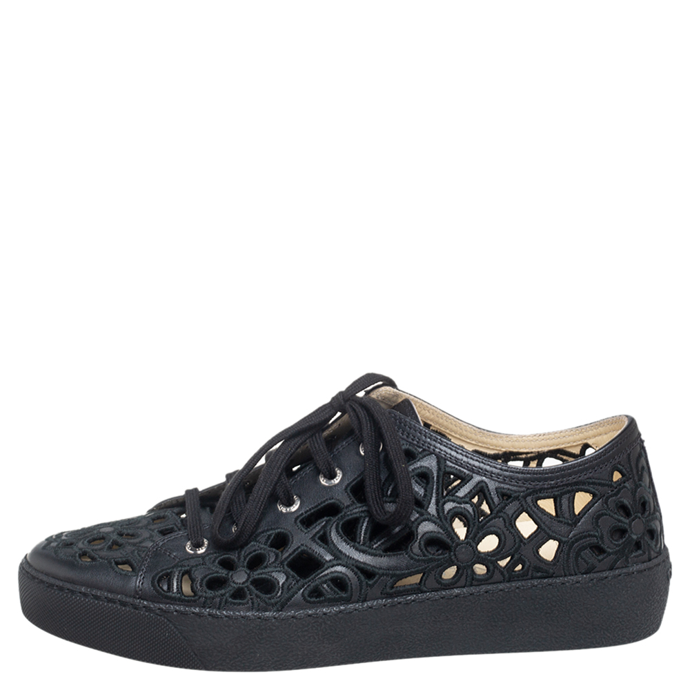 

Chanel Black Floral Cutout Leather CC Low Top Sneakers Size