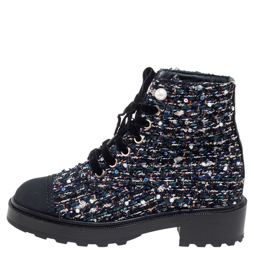 

Chanel Multicolor Tweed Fabric And Canvas Ankle Boots Size