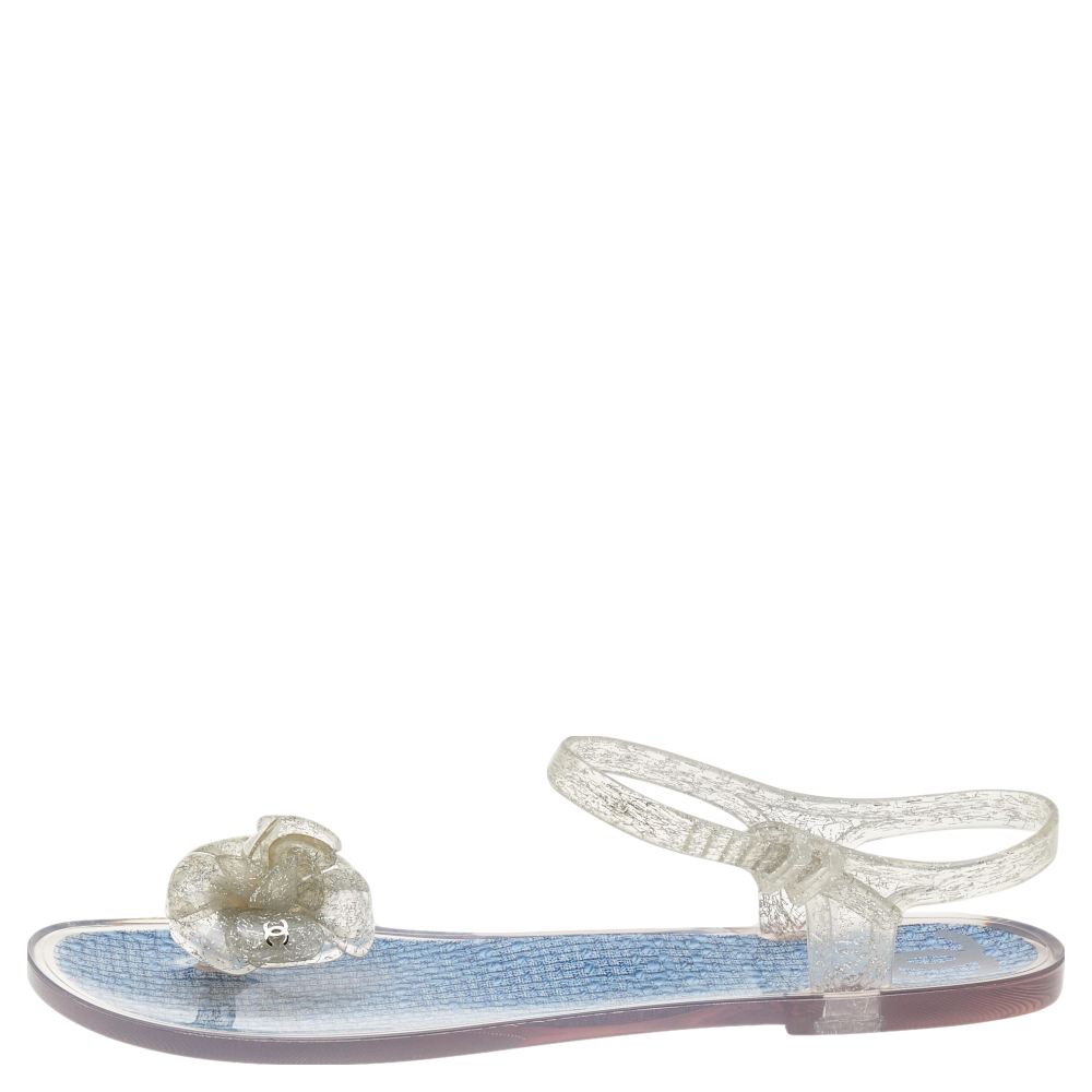 

Chanel White Jelly CC Camellia Flat Sandals Size