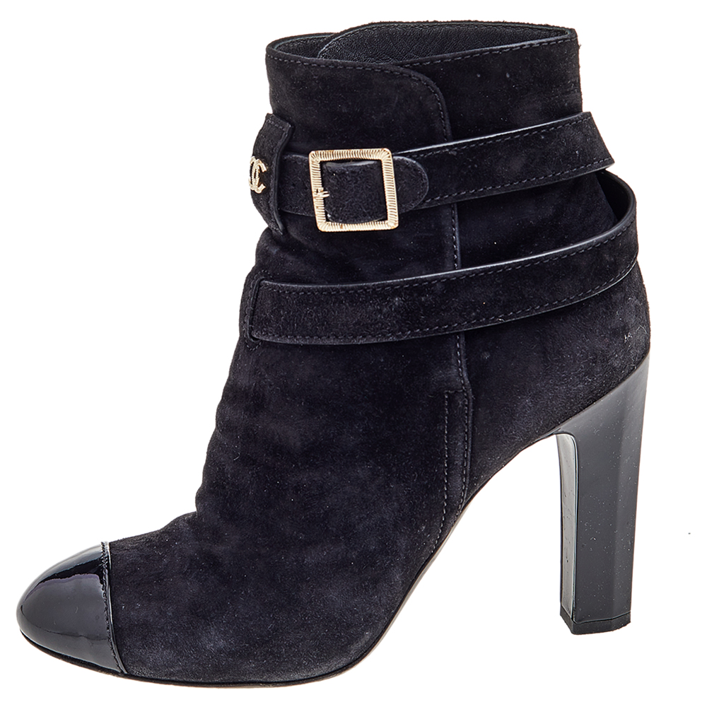 

Chanel Black Suede CC Cap Toe Ankle Boots Size