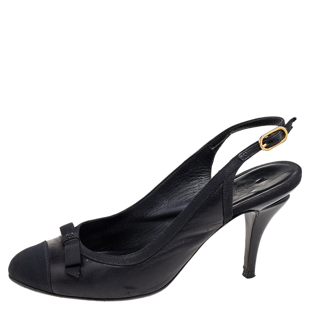 

Chanel Black Leather And Fabric Cap Toe CC Bow Slingback Sandals Size