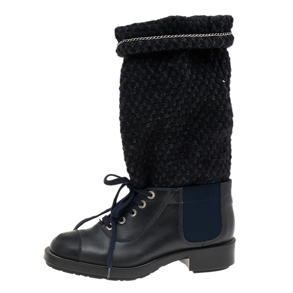 

Chanel Black Tweed and Leather Mid Calf Boots Size