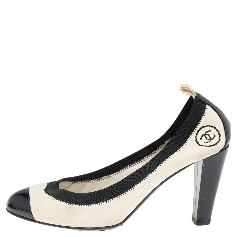 

Chanel Black/White Leather And Patent CC Cap Toe Scrunch Block Heel Pumps Size