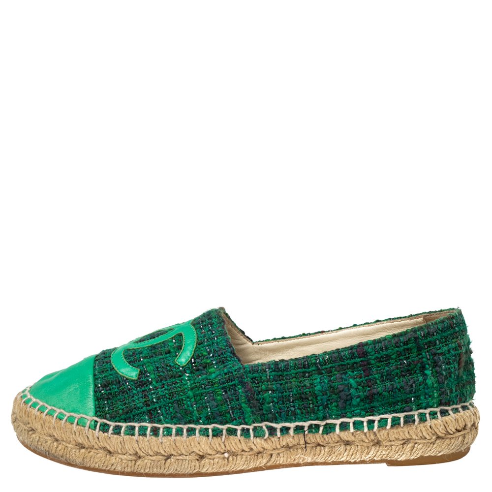 

Chanel Green Tweed Fabric And Leather CC Cap Toe Flat Espadrilles Size