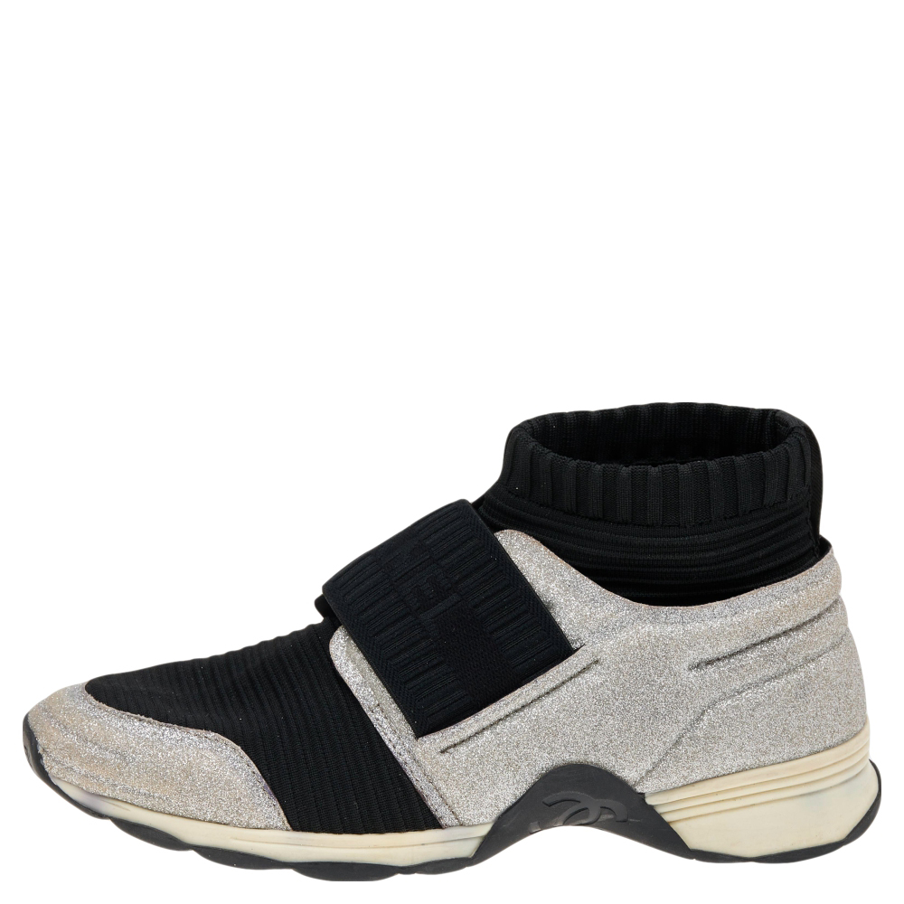 

Chanel Black/Silver Glitter And Knit Fabric CC High Top Sneakers Size