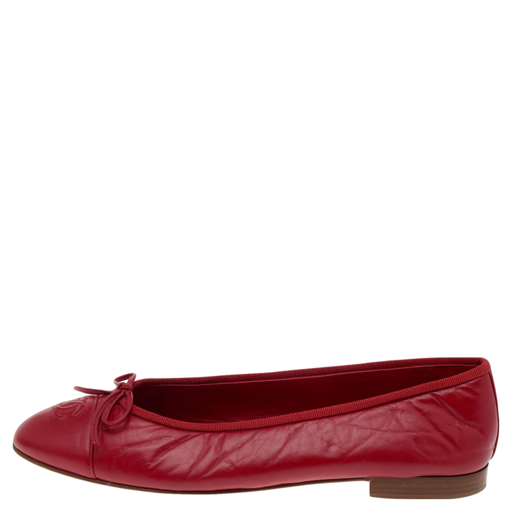 

Chanel Red Leather CC Bow Ballet Flats Size