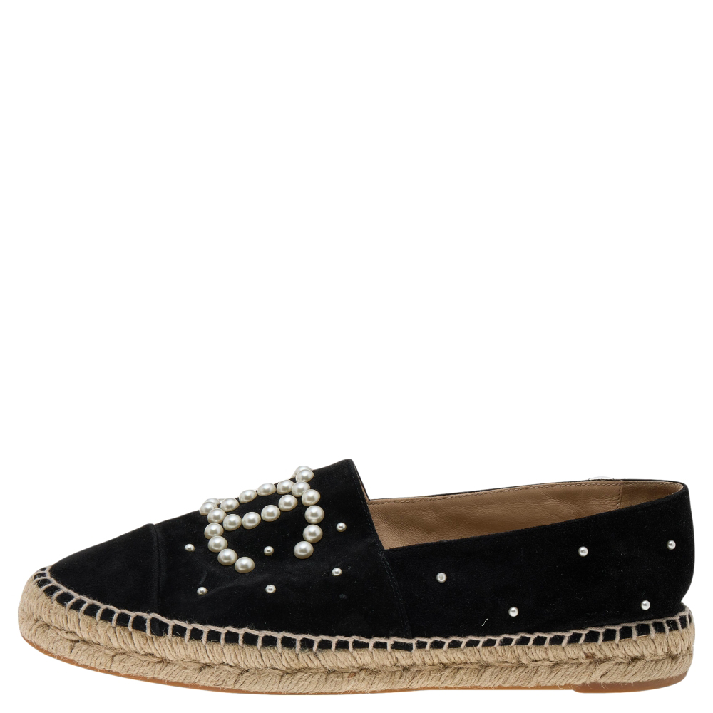 

Chanel Black Suede Pearl CC Espadrilles Flats Size