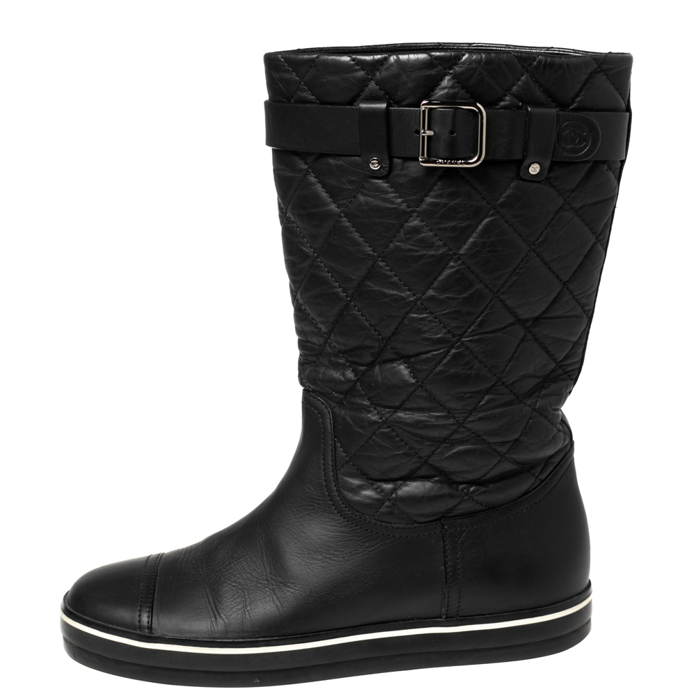 

Chanel Black Textured Quilted Leather Buckle Embellished Mid Calf Boots Size