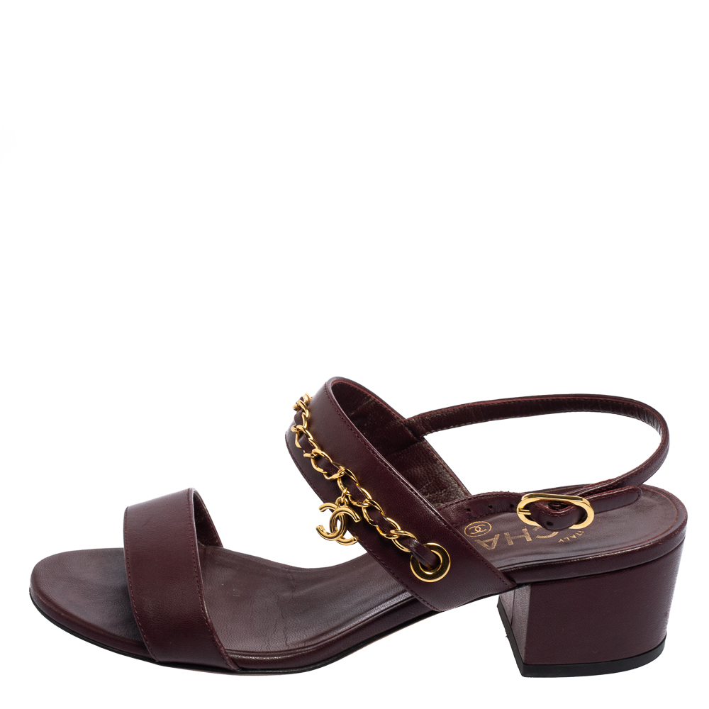 

Chanel Burgundy Leather Chain Embellished Block Heel Ankle-Strap Sandals Size