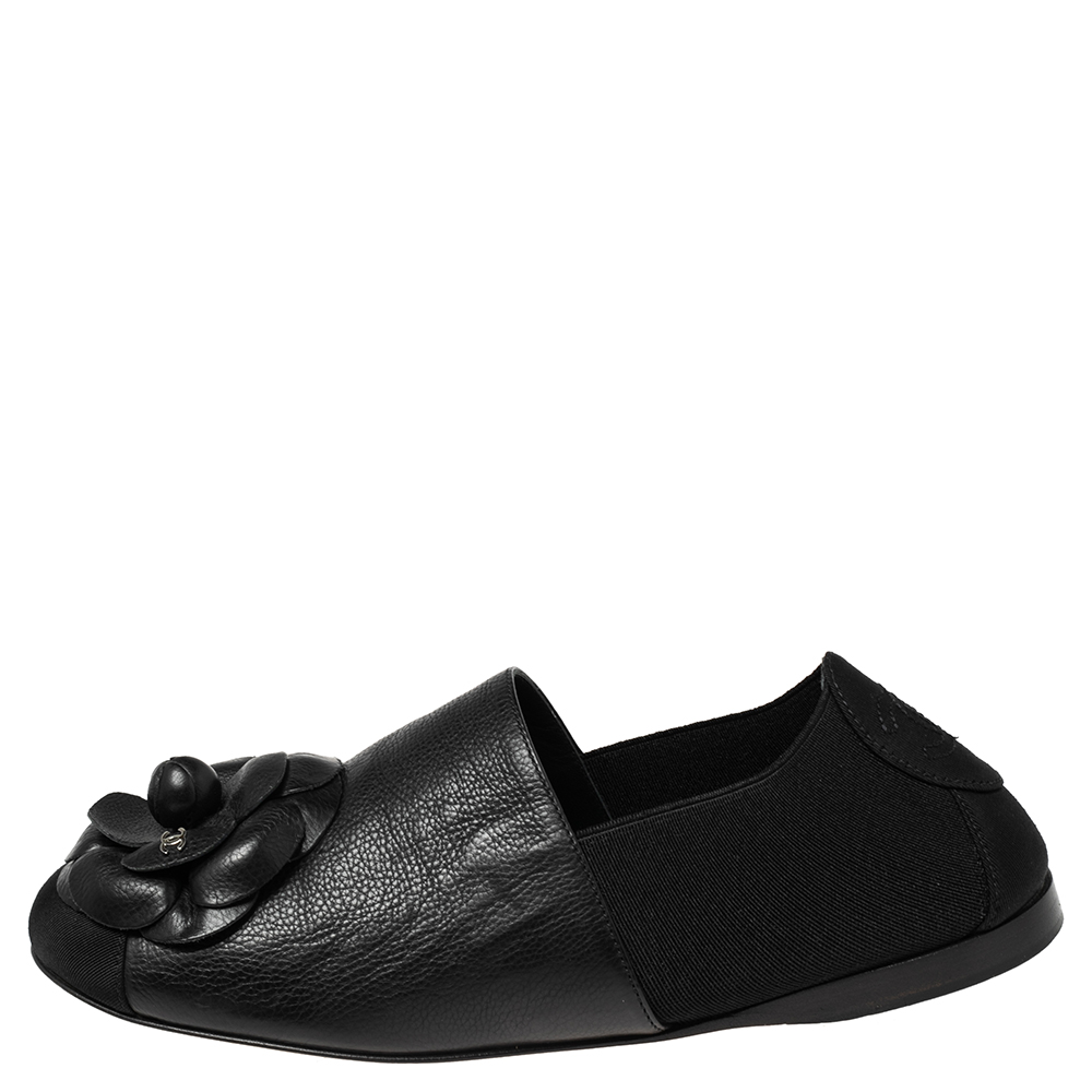 

Chanel Black Leather, Fabric and Elastic Camellia Flats Size