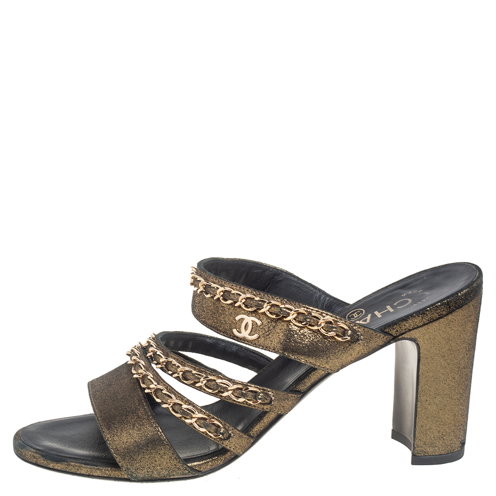 

Chanel Metallic Bronze Leather Chain Sandals Size
