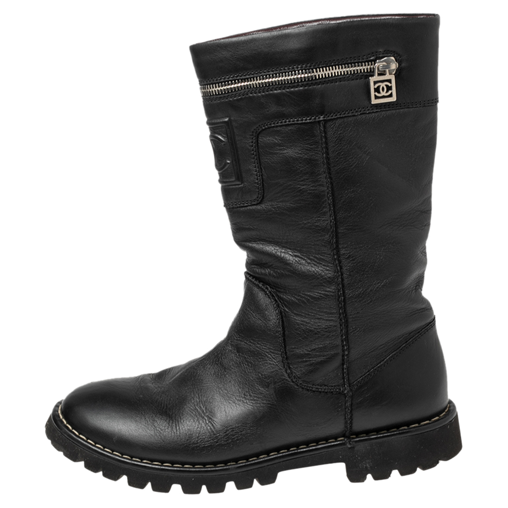 

Chanel Black Leather CC Zipper Detail Moto Boots Size