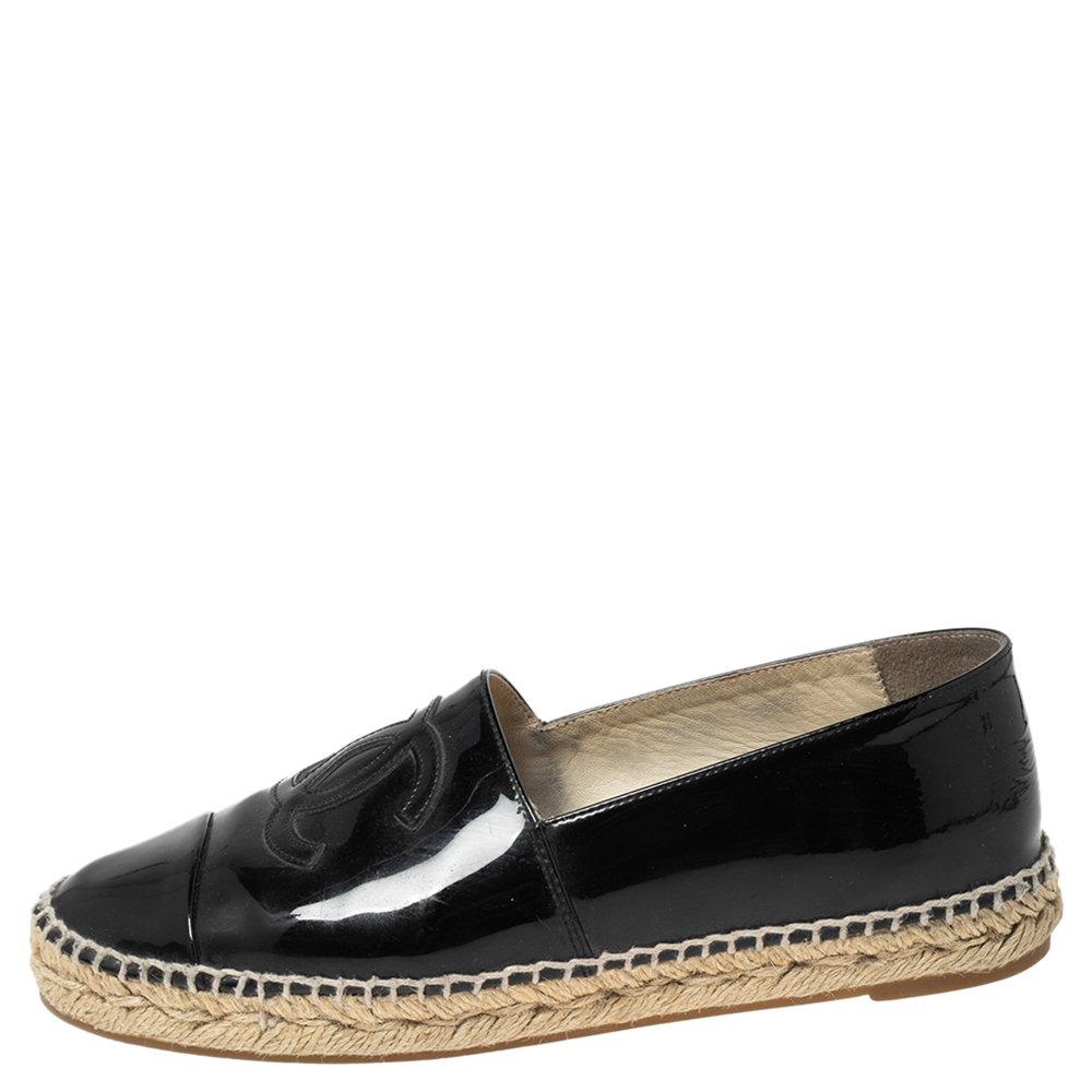 

Chanel Black Patent Leather CC Cap Toe Espadrille Flats Size