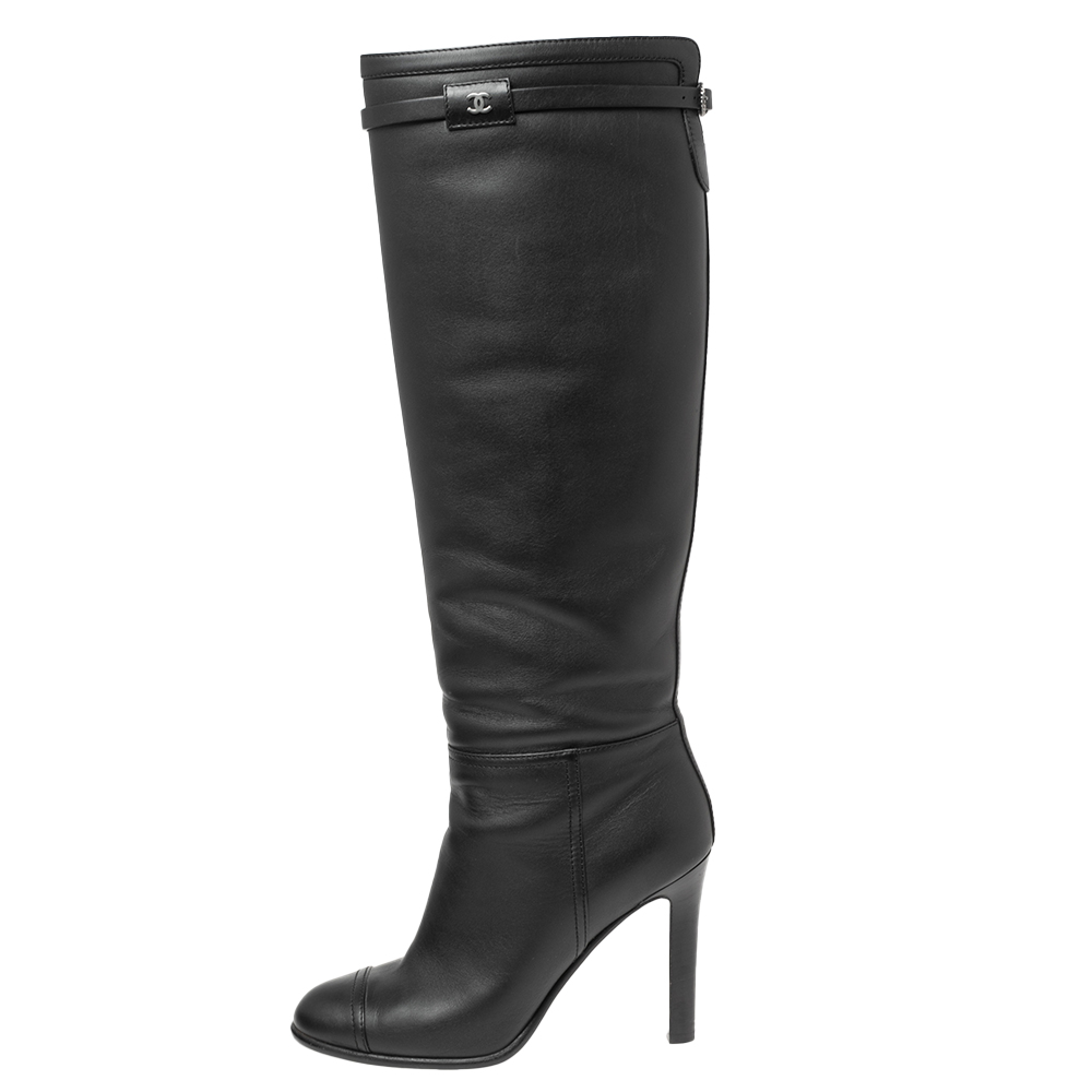 

Chanel Black Leather CC Knee High Slip On Boots Size