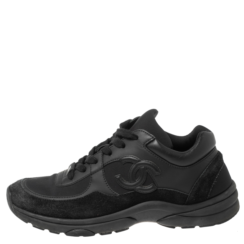 

Chanel Black Suede, Leather and Fabric CC Lace-Up Sneakers Size