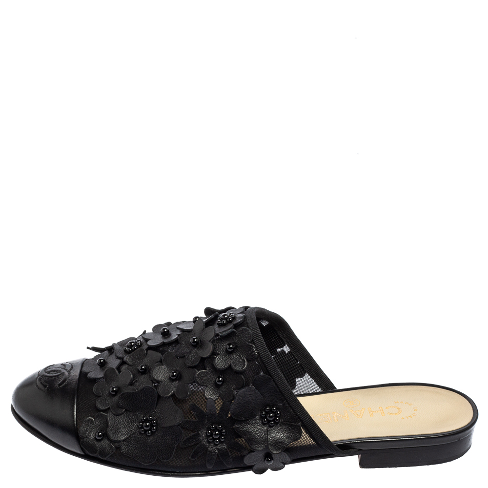 

Chanel Black Camellia Applique Mesh and Leather CC Cap-Toe Mules Size