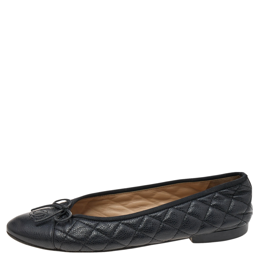 

Chanel Black Quilted Leather CC Cap Toe Bow Ballet Flats Size