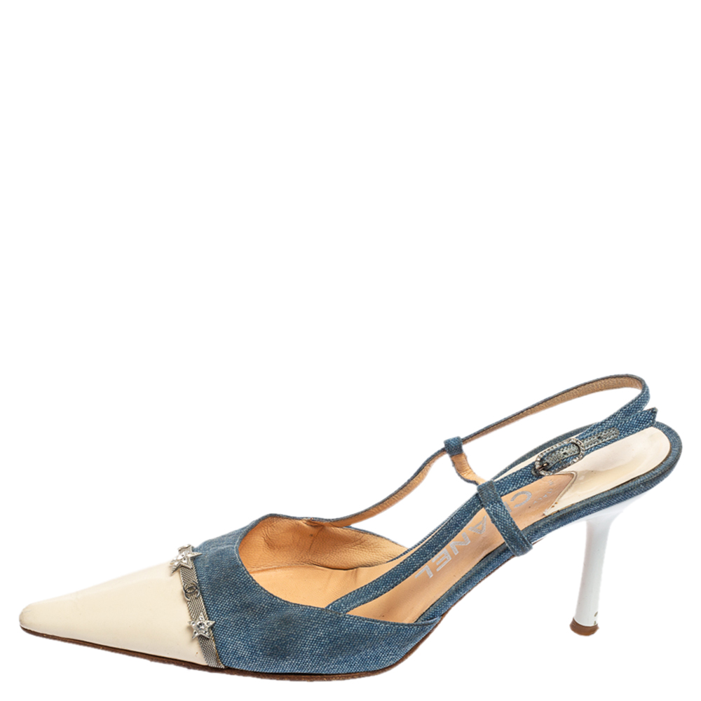 

Chanel Blue/Cream Denim And Leather Crystal Embellished Pointed Toe Slingback Sandals Size