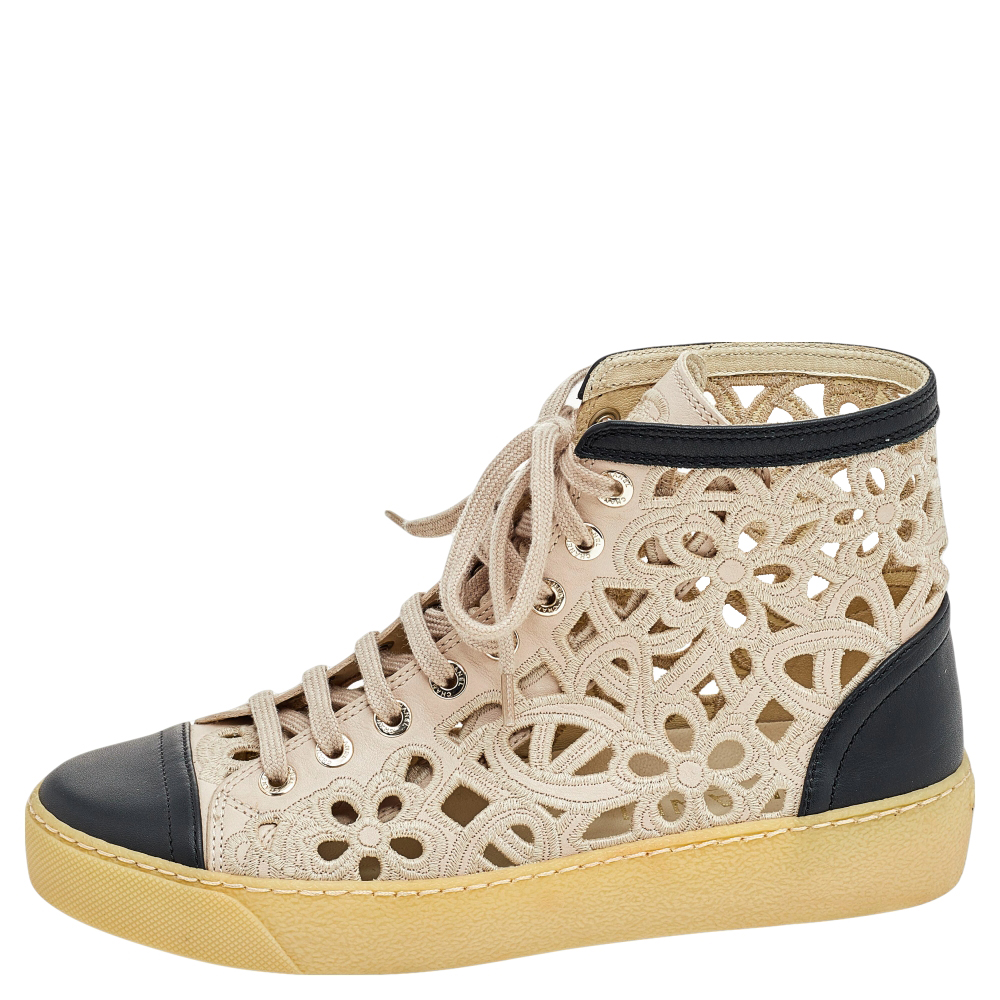 

Chanel Beige/Black Floral Laser Cut Leather CC High Top Sneakers Size
