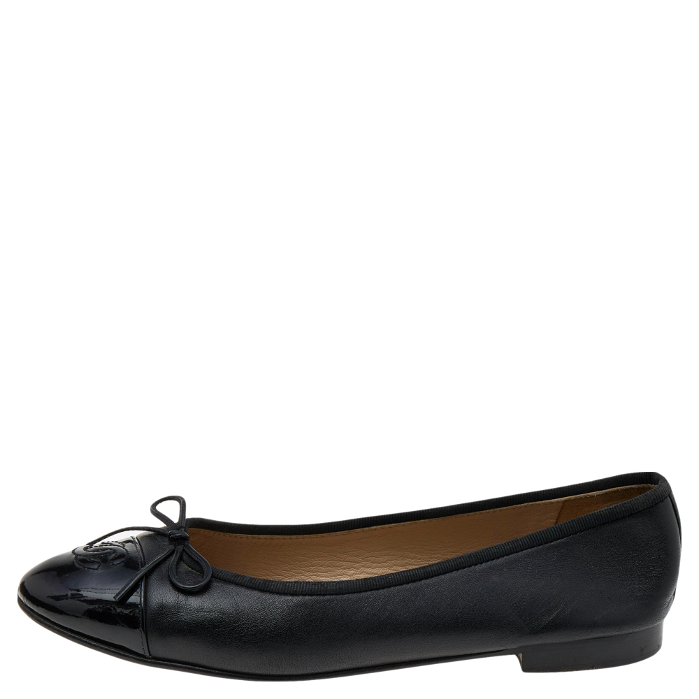 

Chanel Black Leather CC Cap Toe Bow Ballet Flats Size