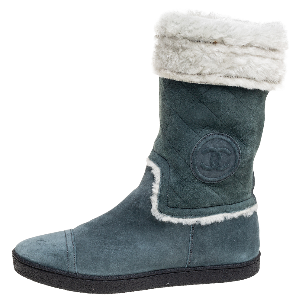 

Chanel Teal Blue Suede Shearling Quilted CC Boots Size