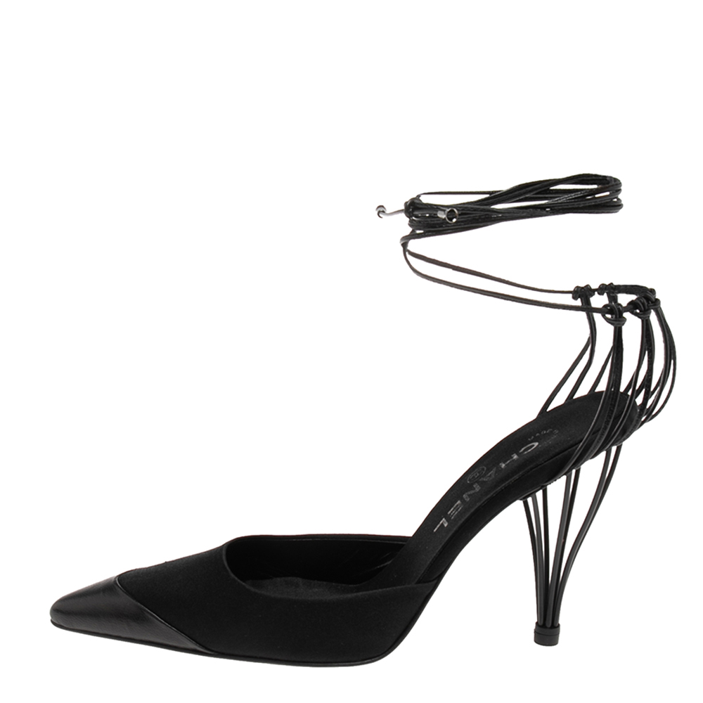 

Chanel Black Leather And Satin Birdcage Pointed Toe Ankle Tie Sandals Size