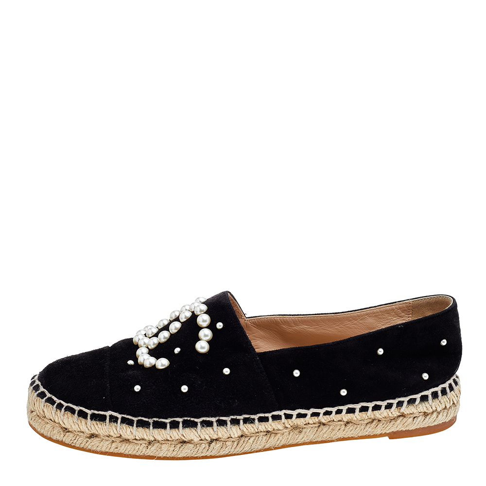 

Chanel Black Suede And Faux Pearl CC Espadrille Flats Size