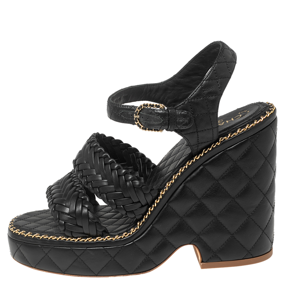 

Chanel Black Quilted and Braided Leather Straps Wedge Platform Sandals Size