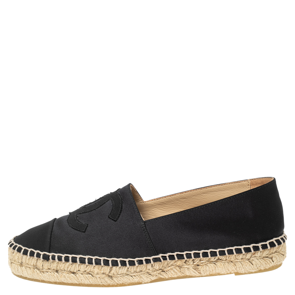

Chanel Black Satin and Fabric CC Flat Espadrilles Size