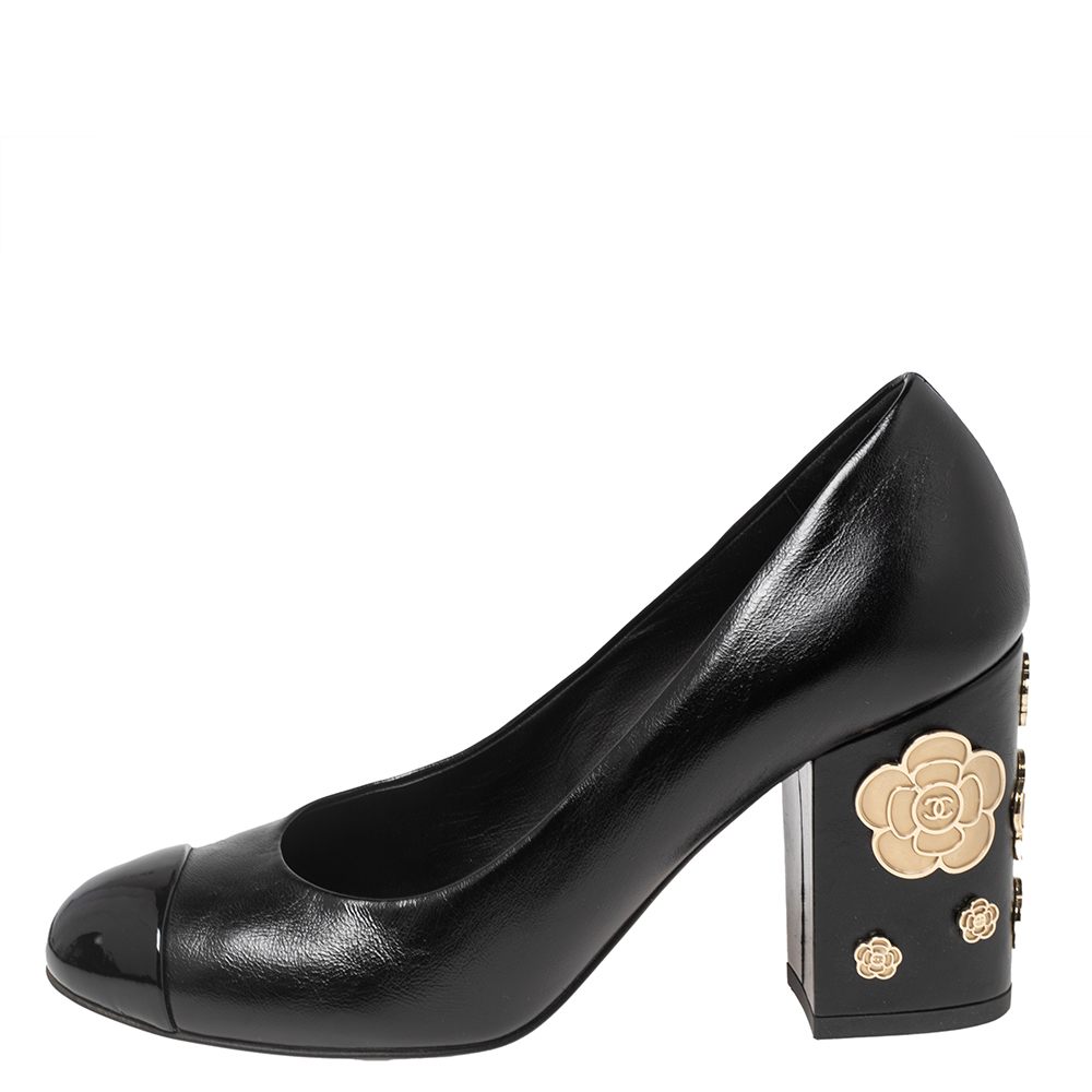 

Chanel Black Patent and Leather CC Cap Toe Camellia Applique Pumps Size