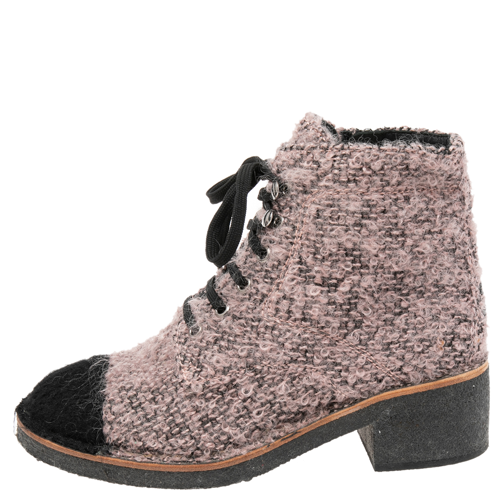 

Chanel Pink/Black Tweed Fabric Fantasy Lace-Up Ankle Boots Size