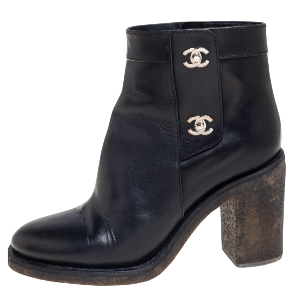 

Chanel Black Leather CC Turnlock Ankle Boots Size