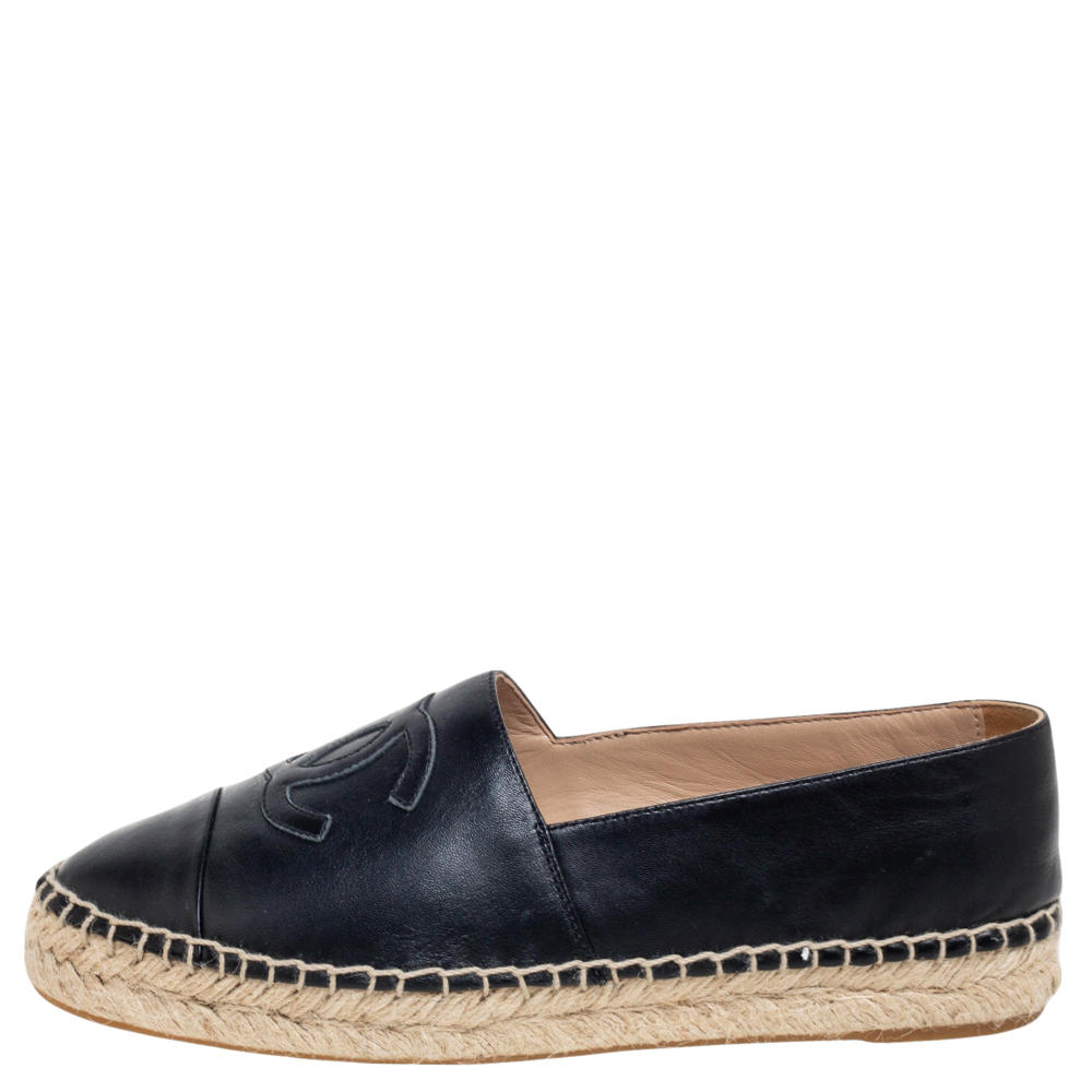 

Chanel Black Leather CC Cap Toe Espadrille Flats Size