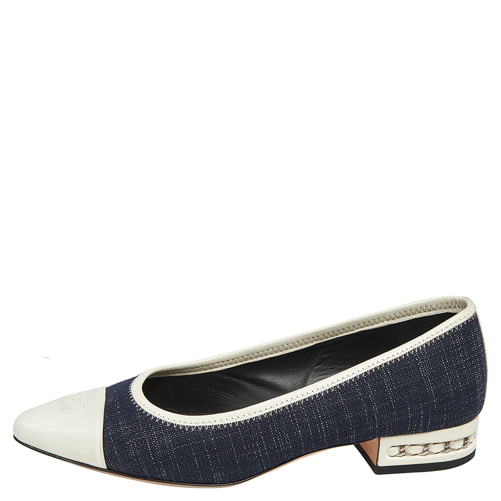 

Chanel Blue/Blue Leather and Denim CC Cap Toe Ballet Flats Size
