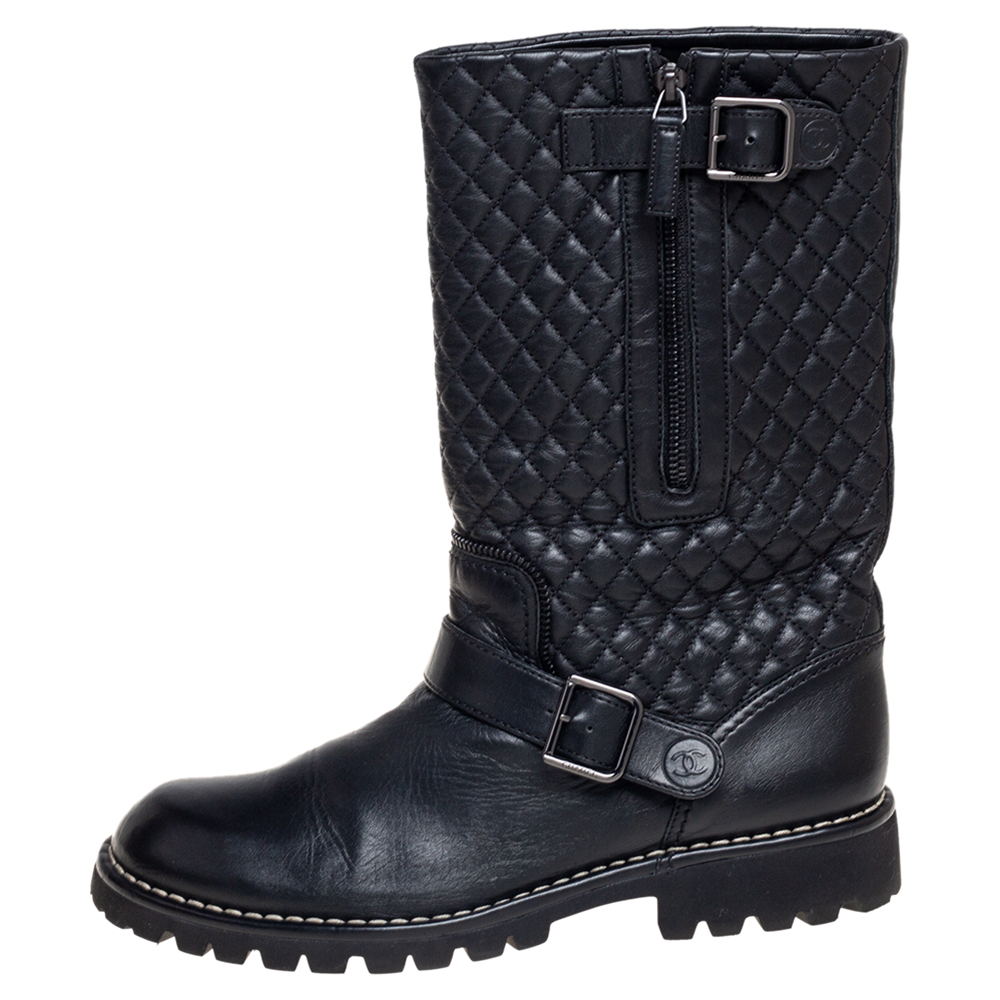 

Chanel Black Quilted and Leather Mid-Calf Boots Size