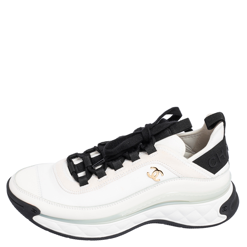 

Chanel White/Black Leather and Neoprene CC Low-Top Sneakers Size