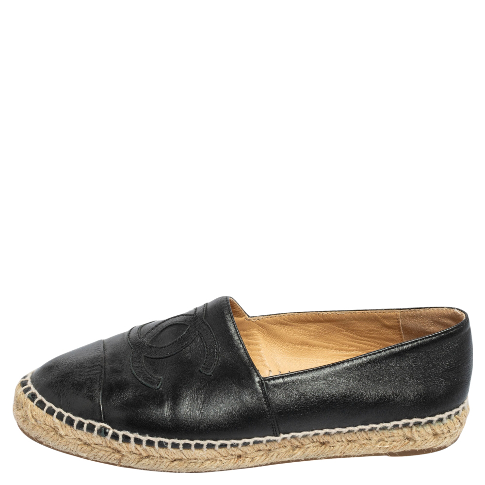 

Chanel Black Leather CC Cap Toe Espadrille Flats Size