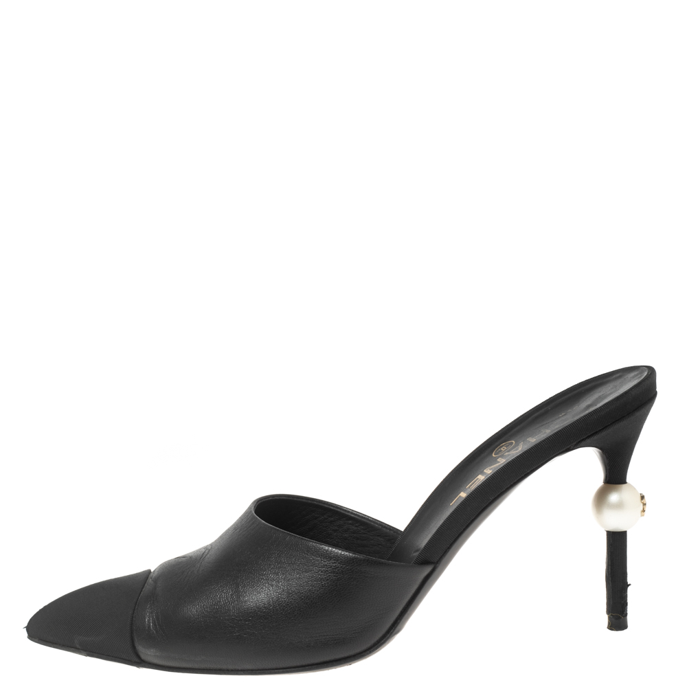 

Chanel Black Leather And Canvas CC Pearl Heel Pointed Toe Mules Size