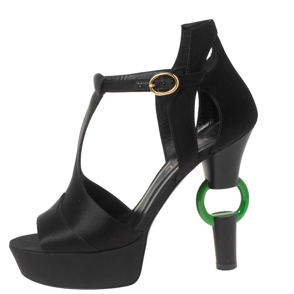 

Chanel Black Satin Jade Green Ring Platform Sandals Size