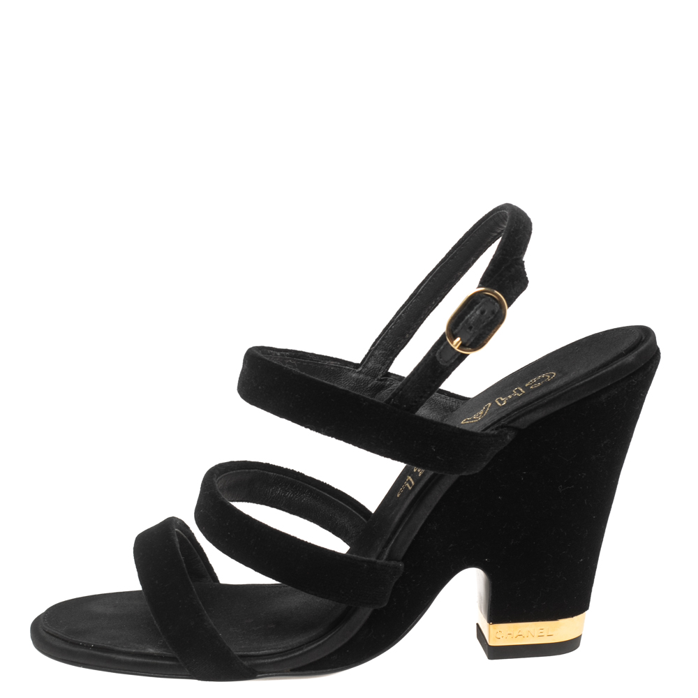 

Chanel Black Velvet Block Heel Singback Sandals Size