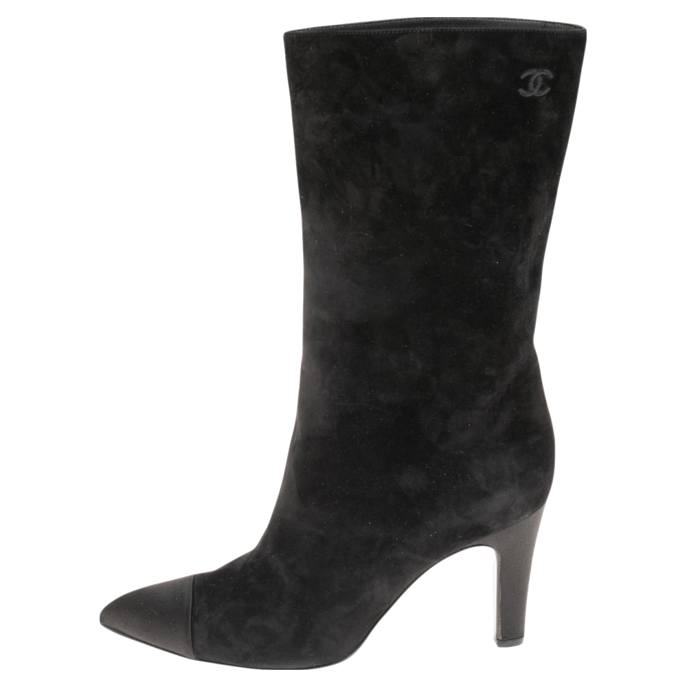 

Chanel Black Suede and Satin Gabrielle Cap Toe Mid Calf Boots Size